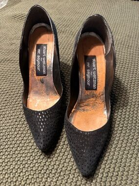 Stuart Weitzman Black Perforated Suede Pointed Toe Pumps
